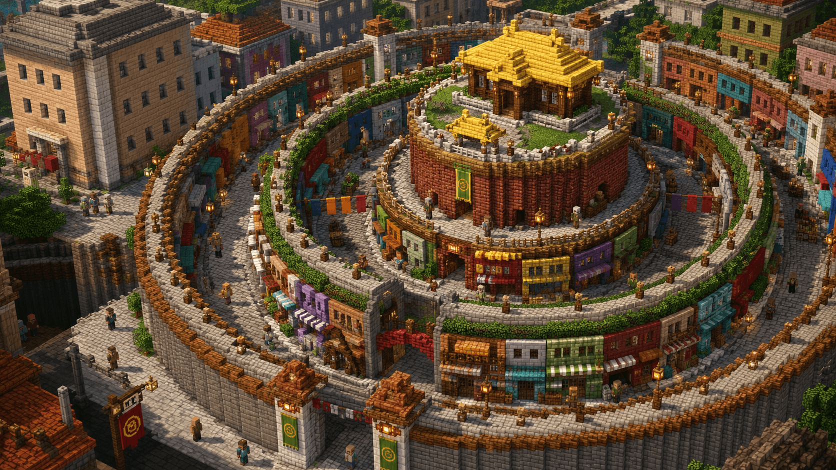 A Minecraft-style Republic City market with colorful shops and winding streets.